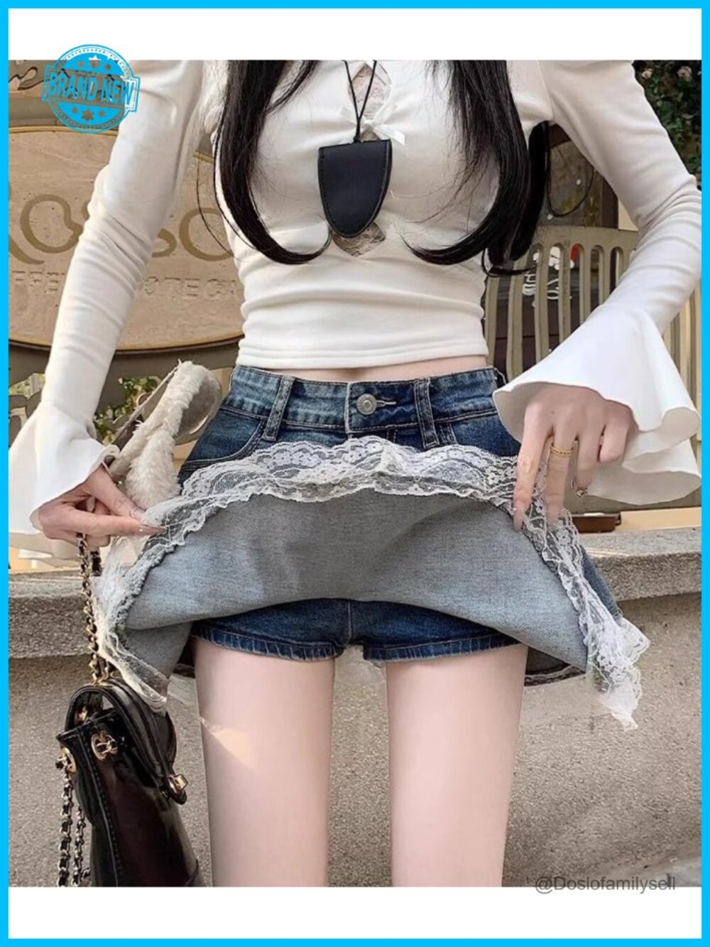 High Waist Denim Lace Mini Skirt A-Line Ruffle Y2K Kawaii Streetwear - Picture 6 of 6